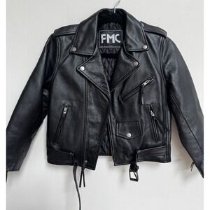 FMC Black Leather Boys Girls Sz 12 Teens Belted Motorcycle Jacket Biker Unisex